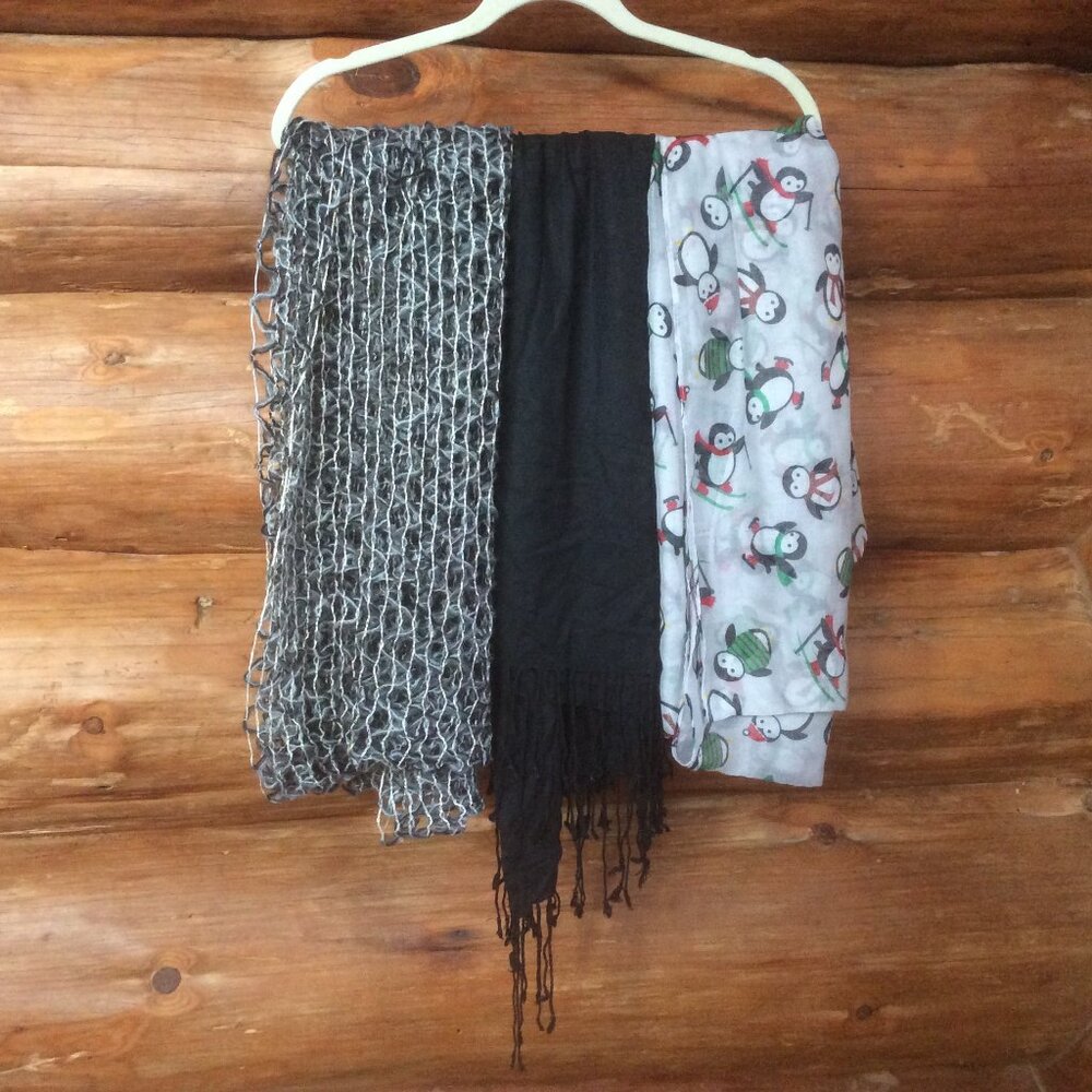 Bundle of 3 Scarves Wraps Black White & Gray Festive Penguins
